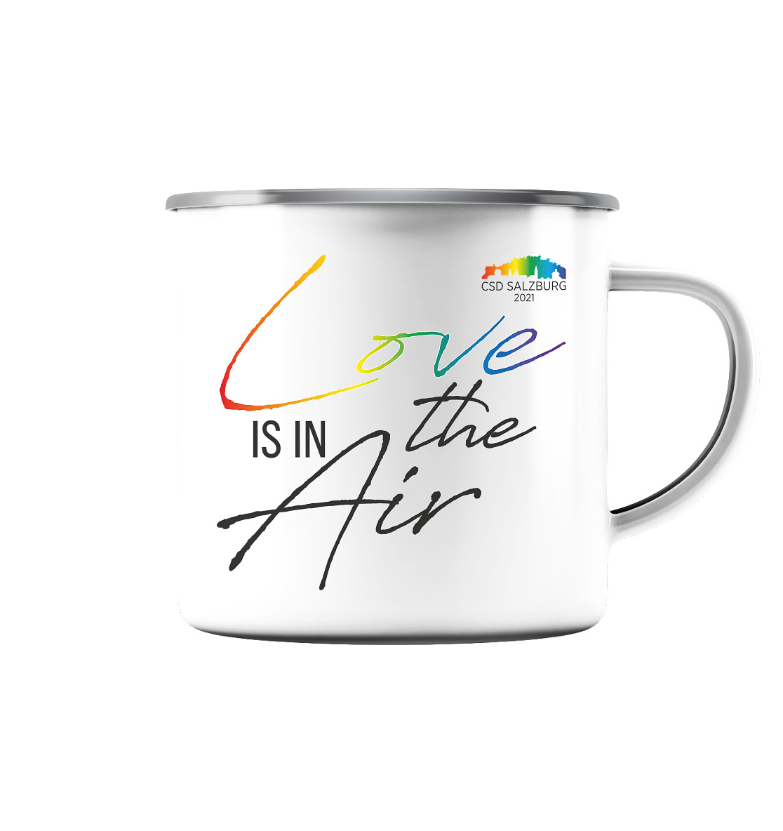Love is in the Air 2021 (black/rainbow color) - Emaille Tasse >> Front-Print