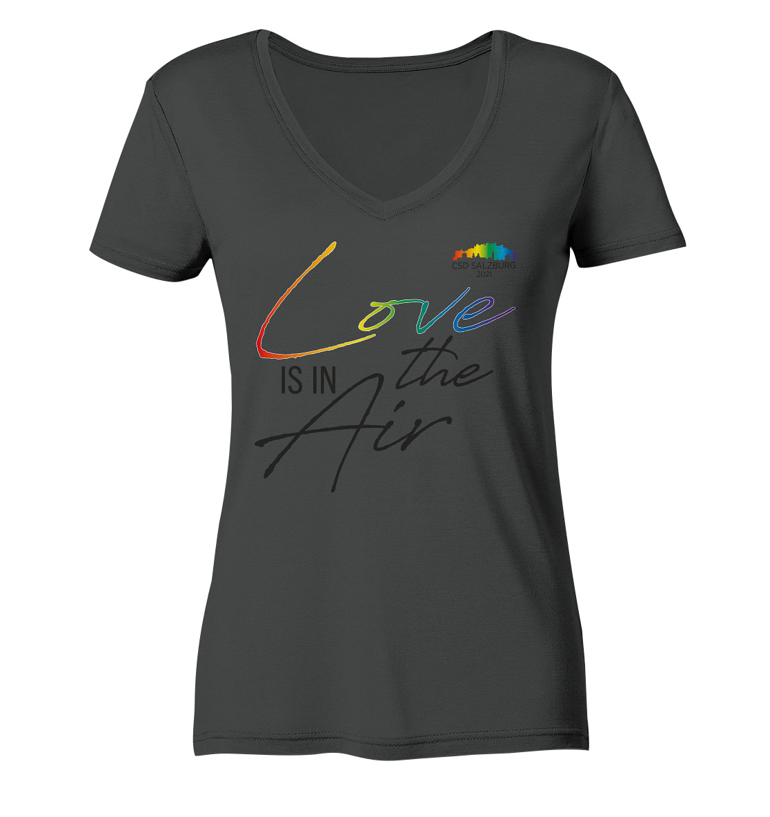 Love is in the Air 2021 (black/rainbow color) - Ladies* Bio T-Shirt mit V-Ausschnitt >> Front-Print